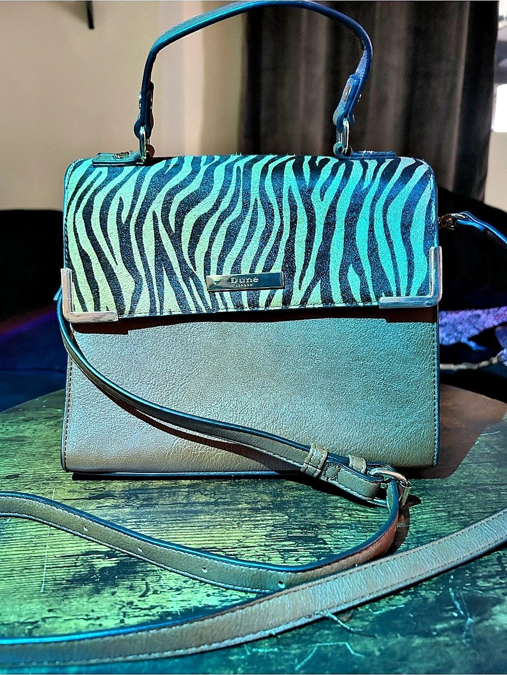Dune Zebra Print Shoulder Bag in Blue & Green Like New